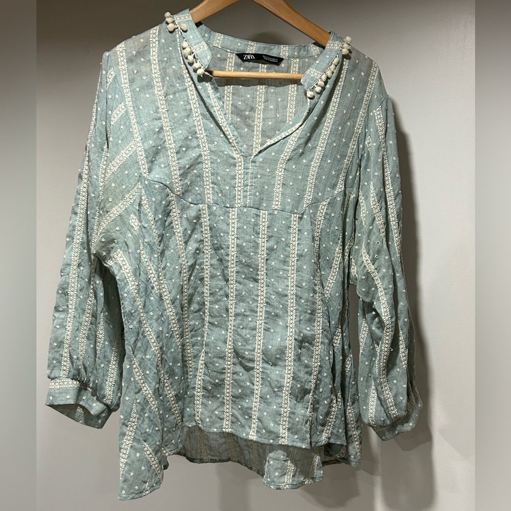 Zara Boho Blouse, Soft Green with Eyelets